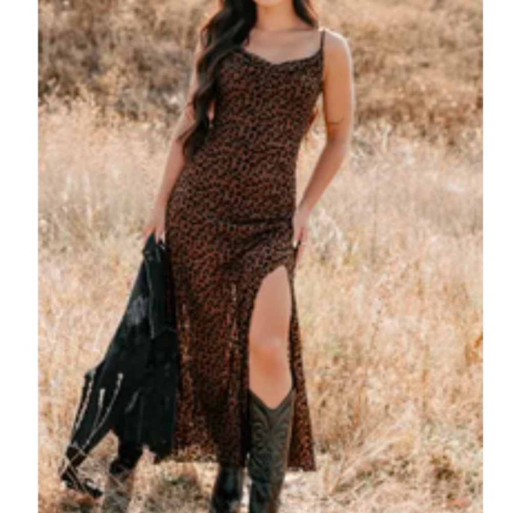 Brown Leopard Print Slip Dress with Side Slit